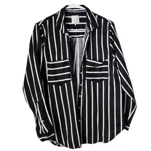 HUT City Nights Stripe‎ Boyfriend Linen Shirt in black white stripe XS